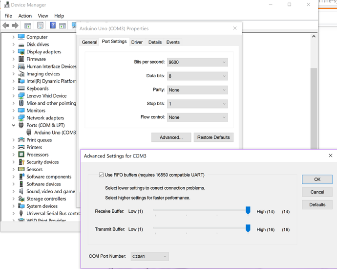 Arduino Uno serial COM settings