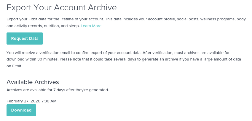 Data export on fitbit's website