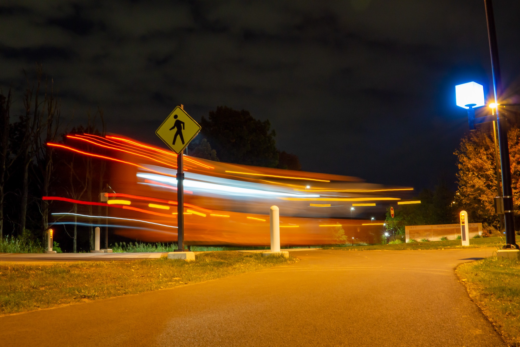 Night photograph of a bus